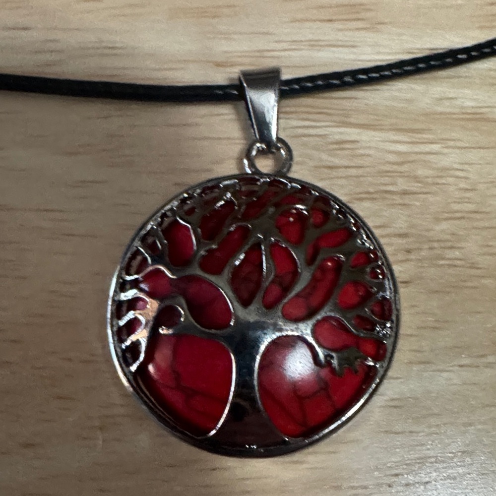 Silver Tree of Life Pendant Necklace with Red Inlay - Women Jewelry